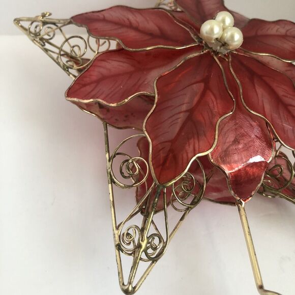 Kurt Adler Red Capiz Poinsettia Christmas Tree Topper 5 Point Gold Wire Star - Picture 10 of 16